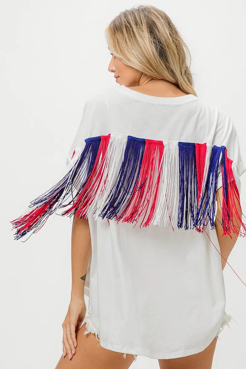 BiBi American Flag Sequin Star Fringe Top