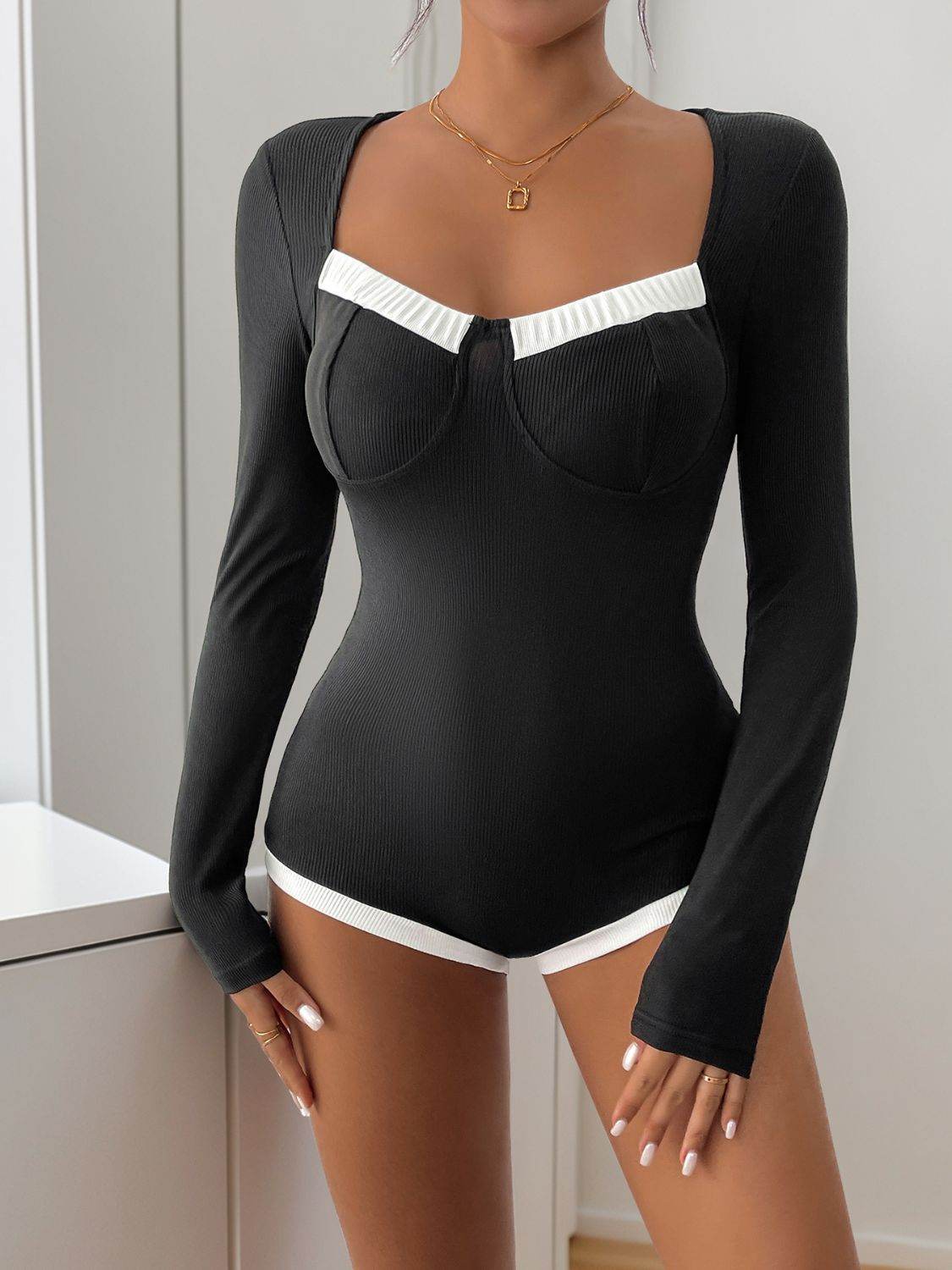 Perfee Ribbed Contrast Long Sleeve Bodysuit - Concordia Style Boutique