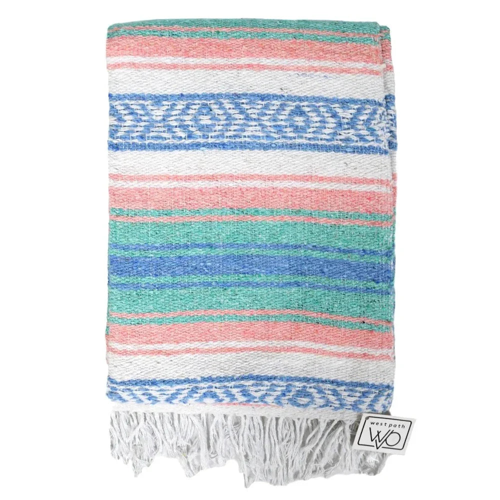Mint, Blue & Coral Peach Mexican Falsa Blanket - Concordia Style Boutique