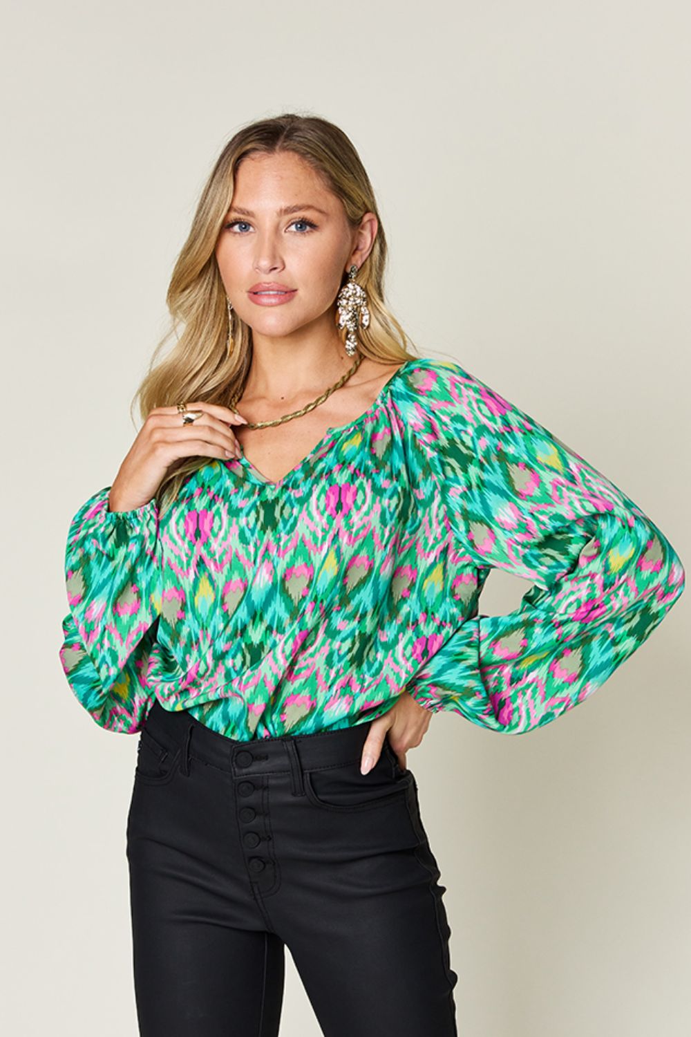 Double Take Full Size Printed Balloon Sleeve Blouse - Concordia Style Boutique