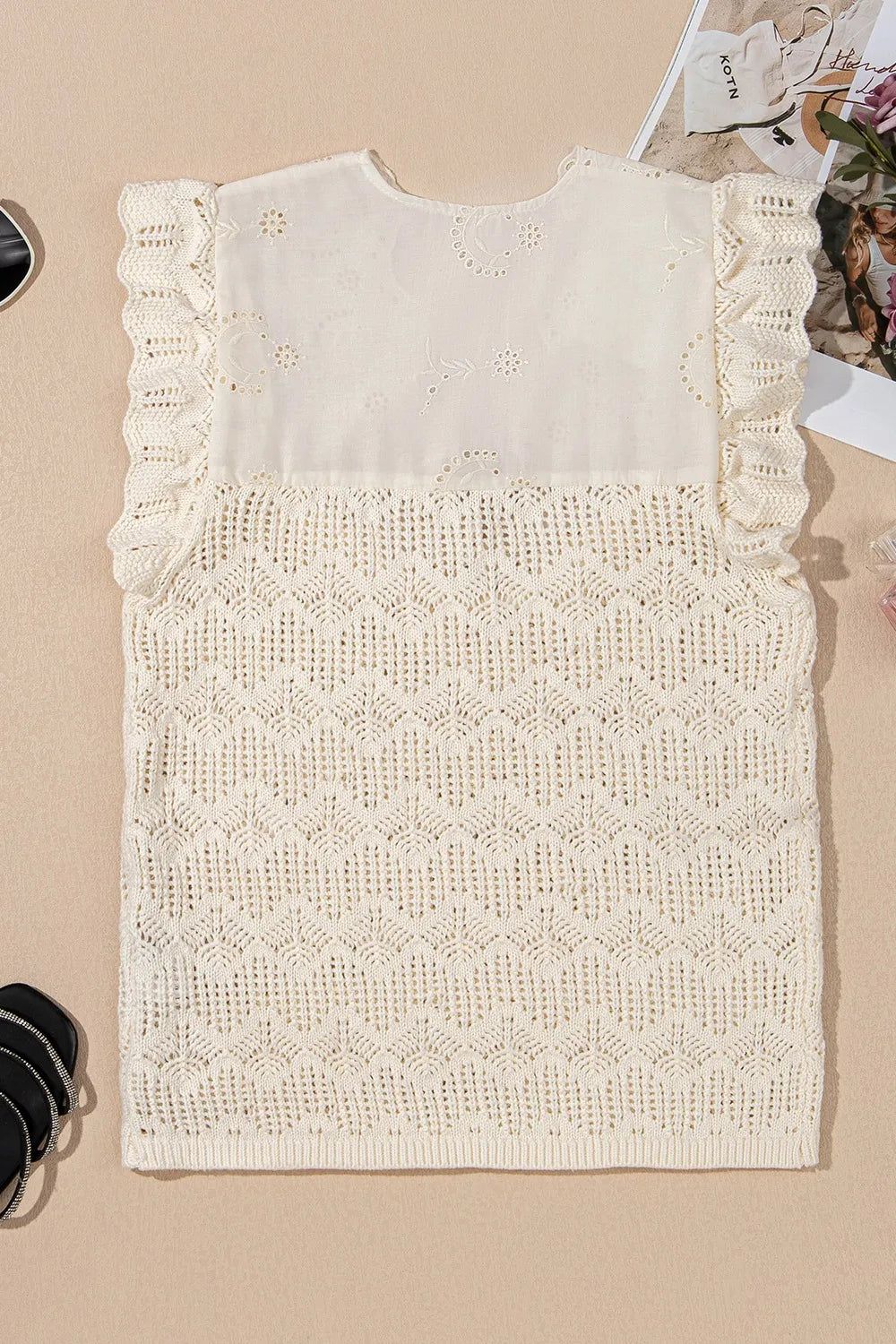 Embroidered Patchwork Hollow Out Knitted Ruffle Sweater Vest - Concordia Style Boutique