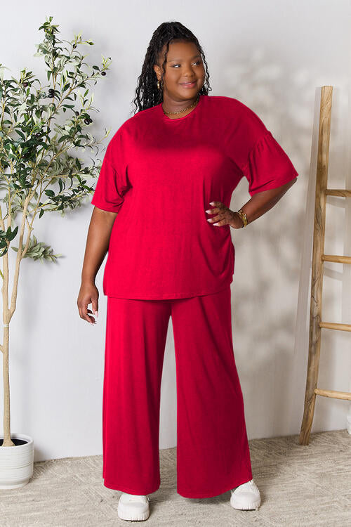 Double Take Full Size Round Neck Slit Top and Pants Set - Concordia Style Boutique