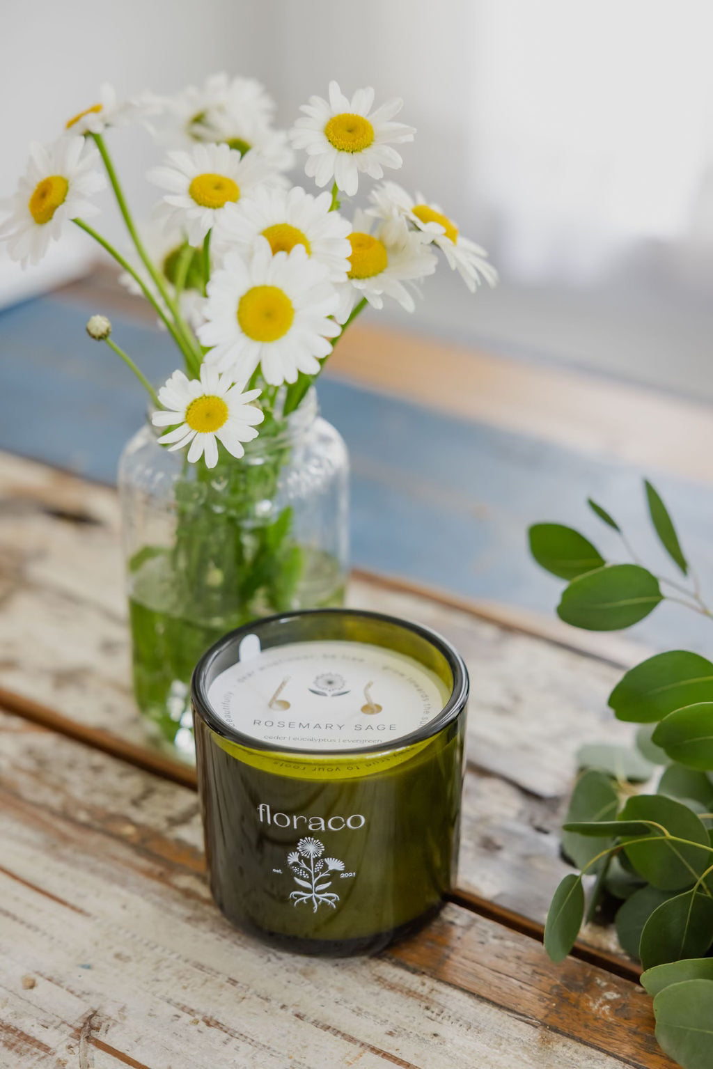Candle Rosemary Sage, Green Glass: Rosemary, Sage, Eucalyptus and Evergreen Scented