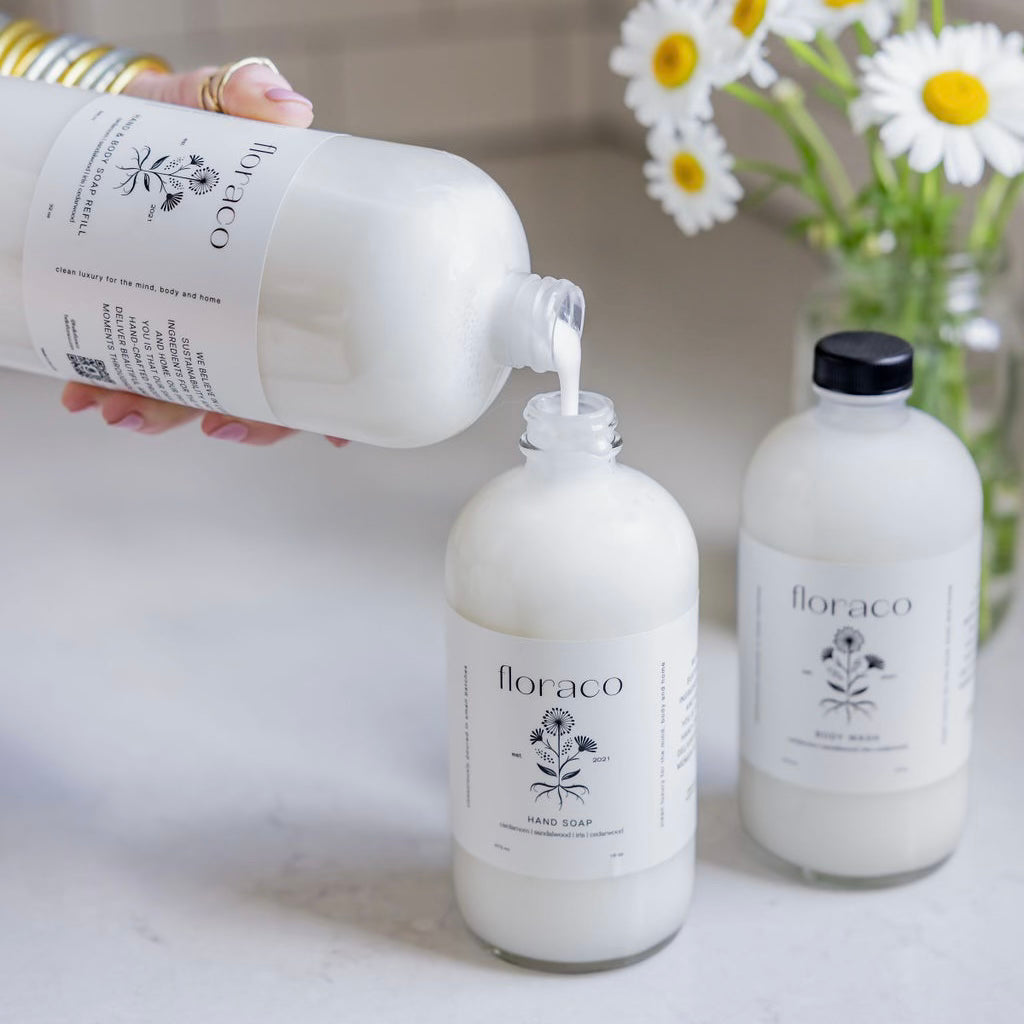 Floraco Refillable Glass Body Wash: Cedarwood, Sandalwood, Iris and Cardamom