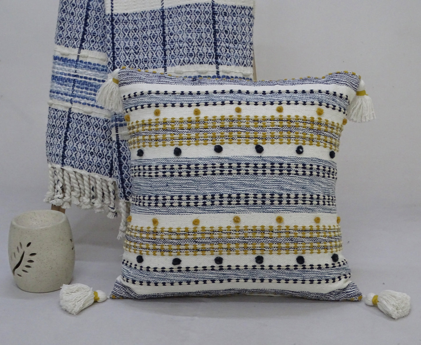 Designer Striped Pillow with Mini Poms and Tassels 20"x20"
