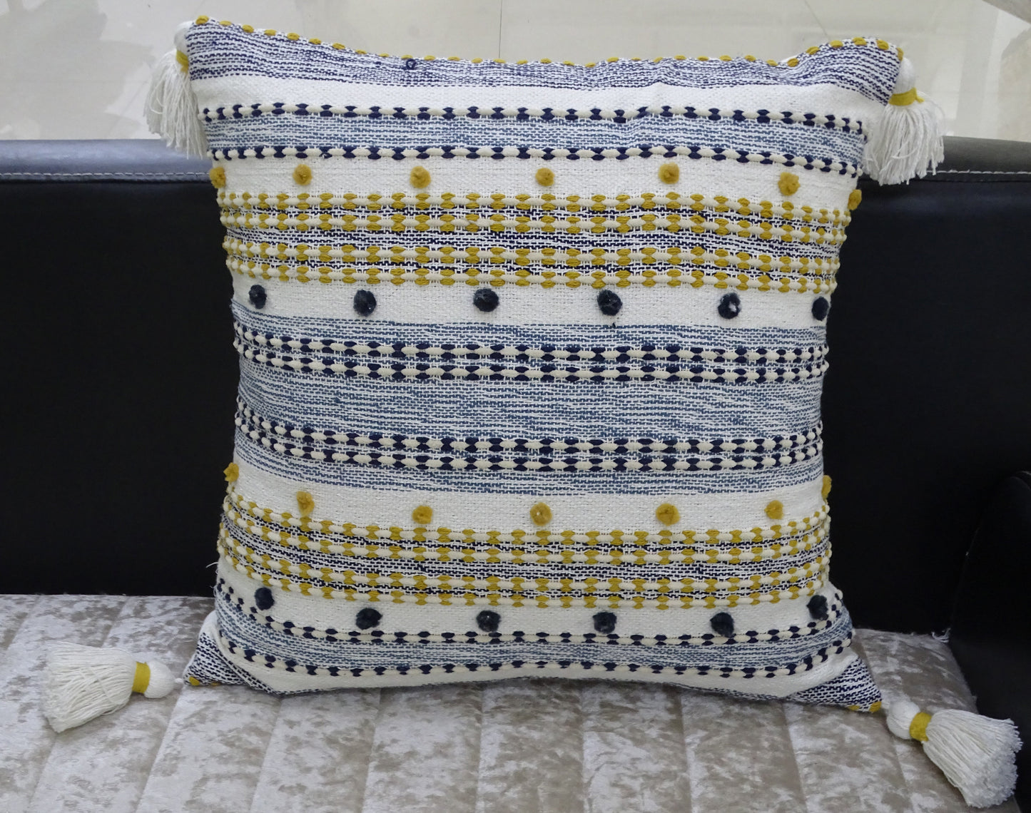 Designer Striped Pillow with Mini Poms and Tassels 20"x20"