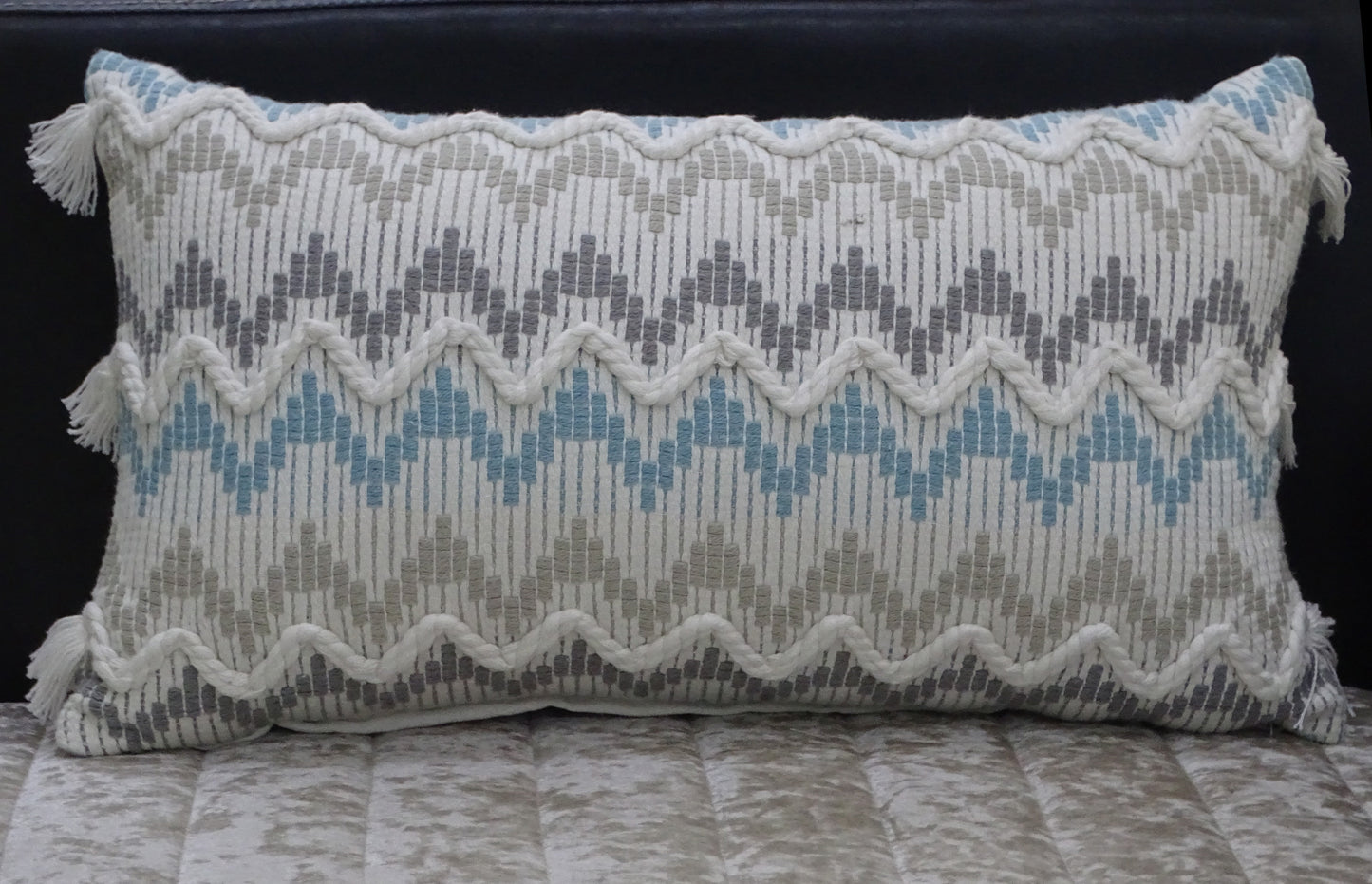 Chevron Throw Pillow for Sofa with Braid and Tassels 14"x24"