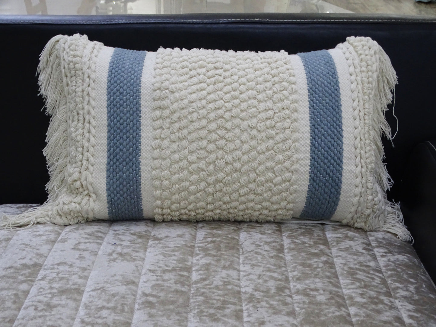 Decorative Striped Pillow with Loop Texture and Fringes 14"x24"