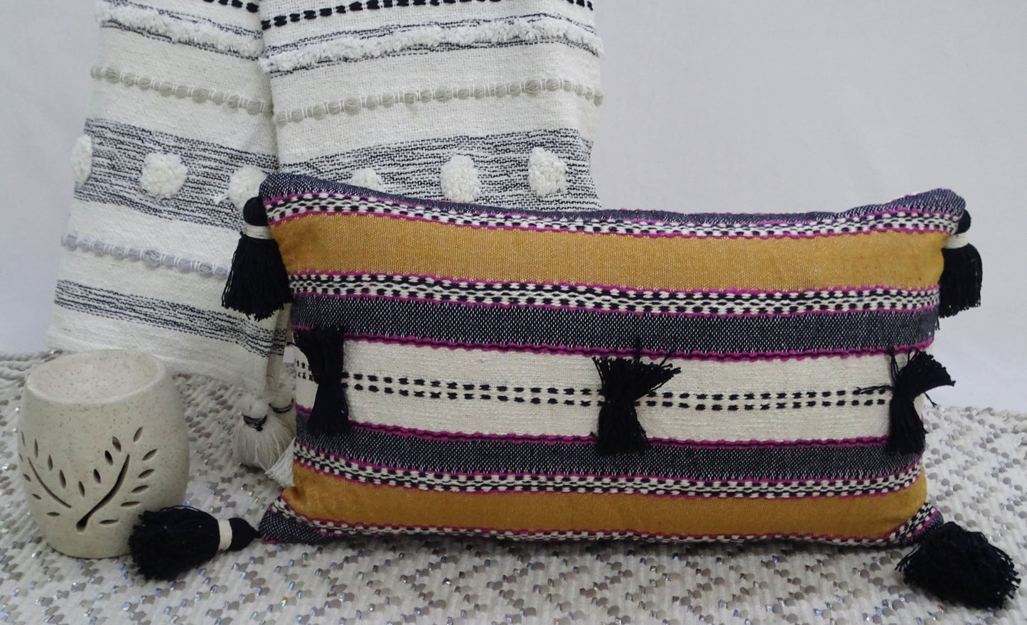 Handwoven 14"X 24" Throw Pillow with Pom-Poms