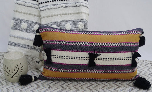 Handwoven 14"X 24" Throw Pillow with Pom-Poms