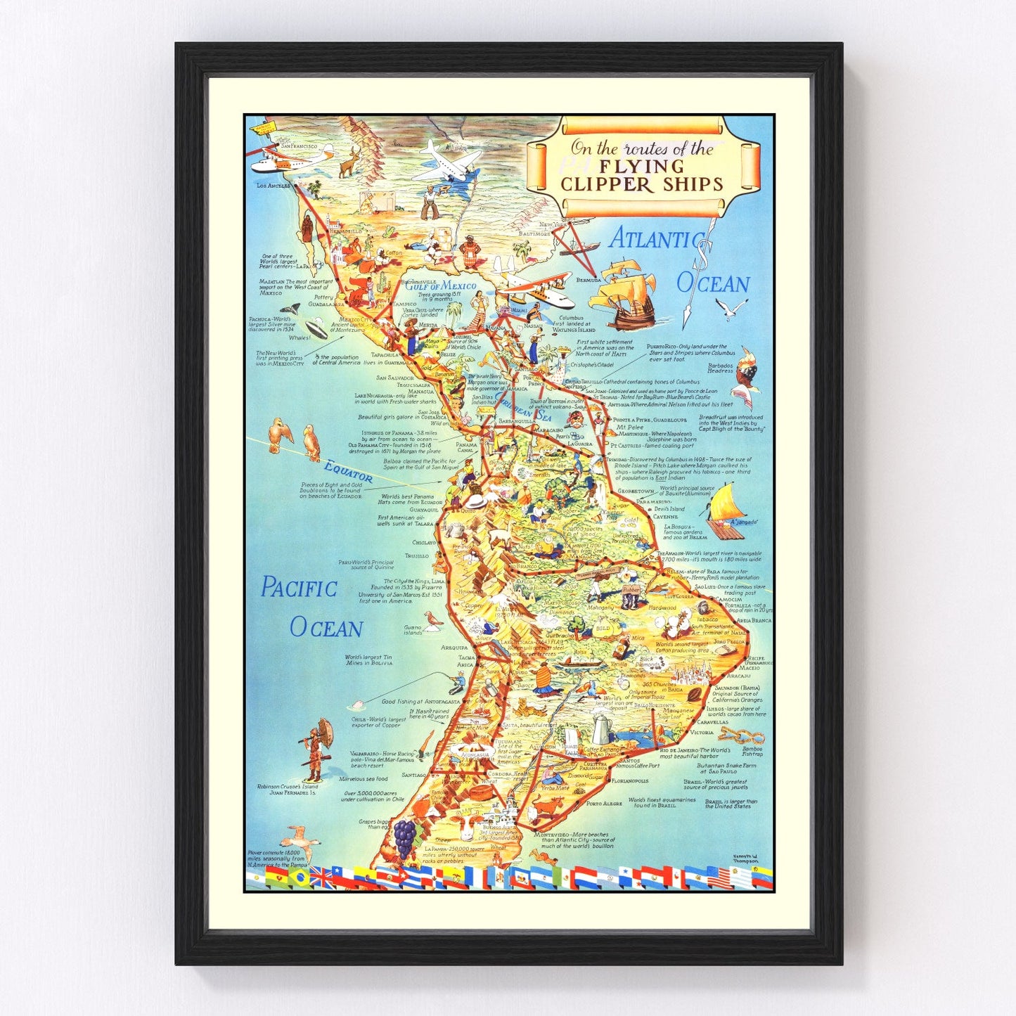 Vintage Map of Flying Clipper Ships of the Americas, 1941