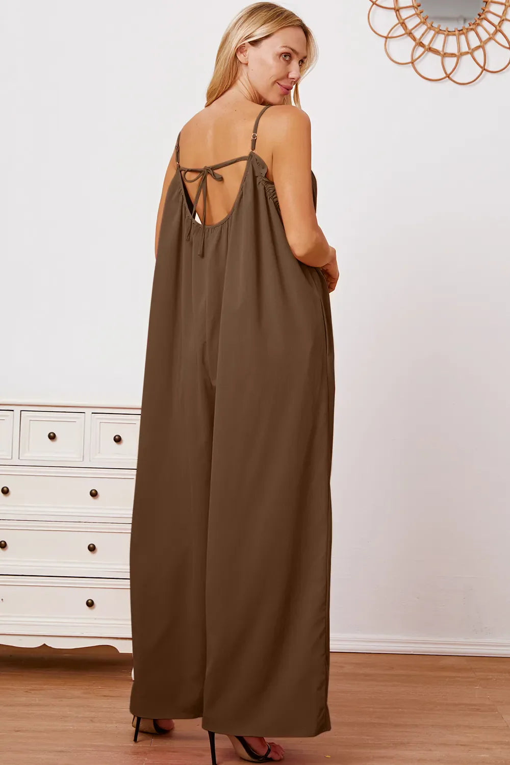 Double Take Full Size Ruffle Trim Tie Back Cami Jumpsuit with Pockets - Concordia Style Boutique