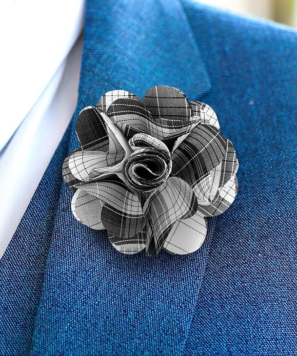 Vittorio Vico Unisex Metallic Silver Accent Plaid Flower Lapel Pin - Concordia Style Boutique