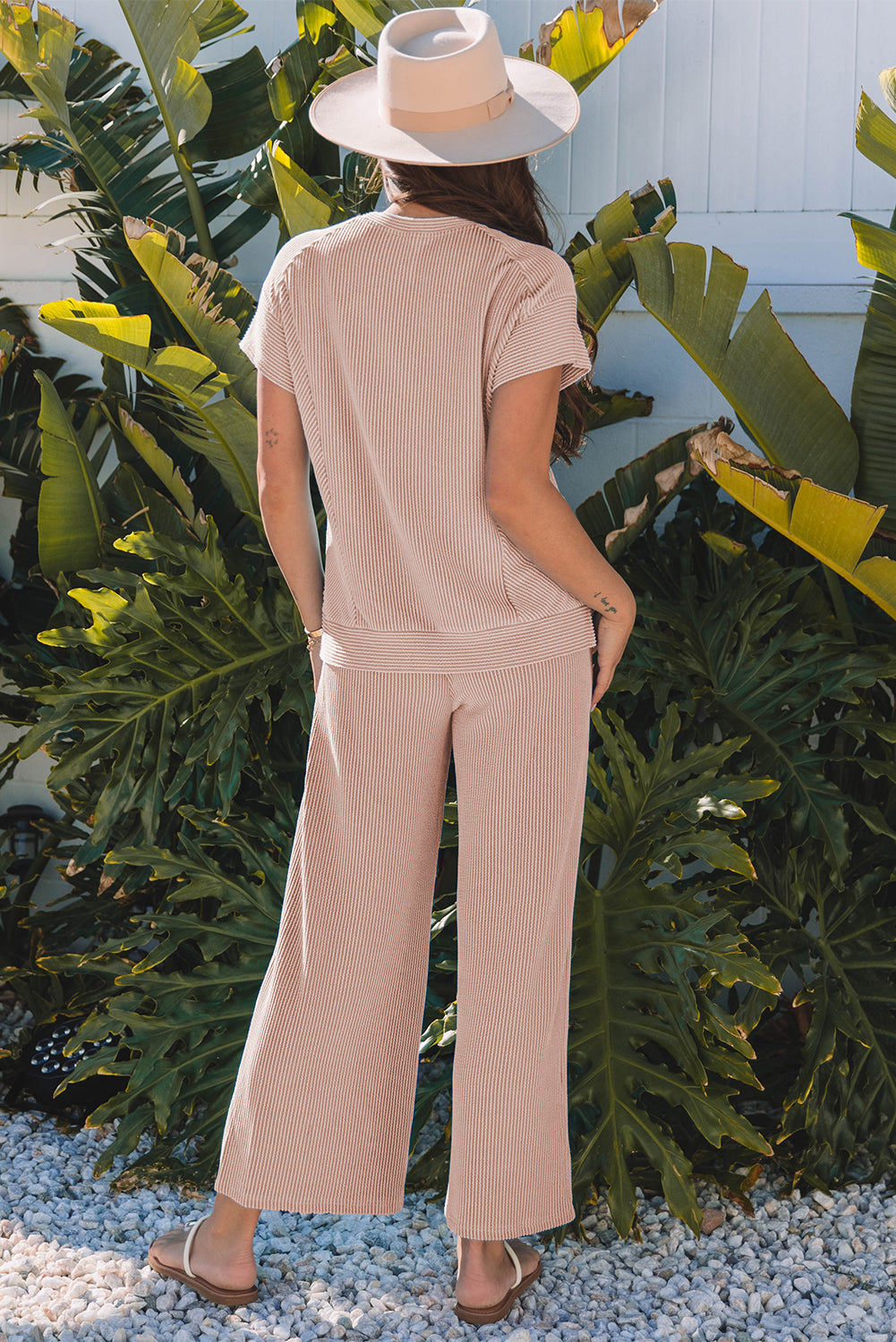 Luxury Solid Corded Knit Short Sleeve T Shirt and Wide Leg Pants Set - Concordia Style Boutique