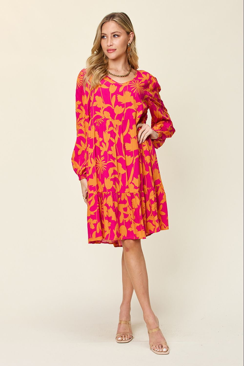 Double Take Full Size Printed Ruffle Hem Long Sleeve Dress - Concordia Style Boutique
