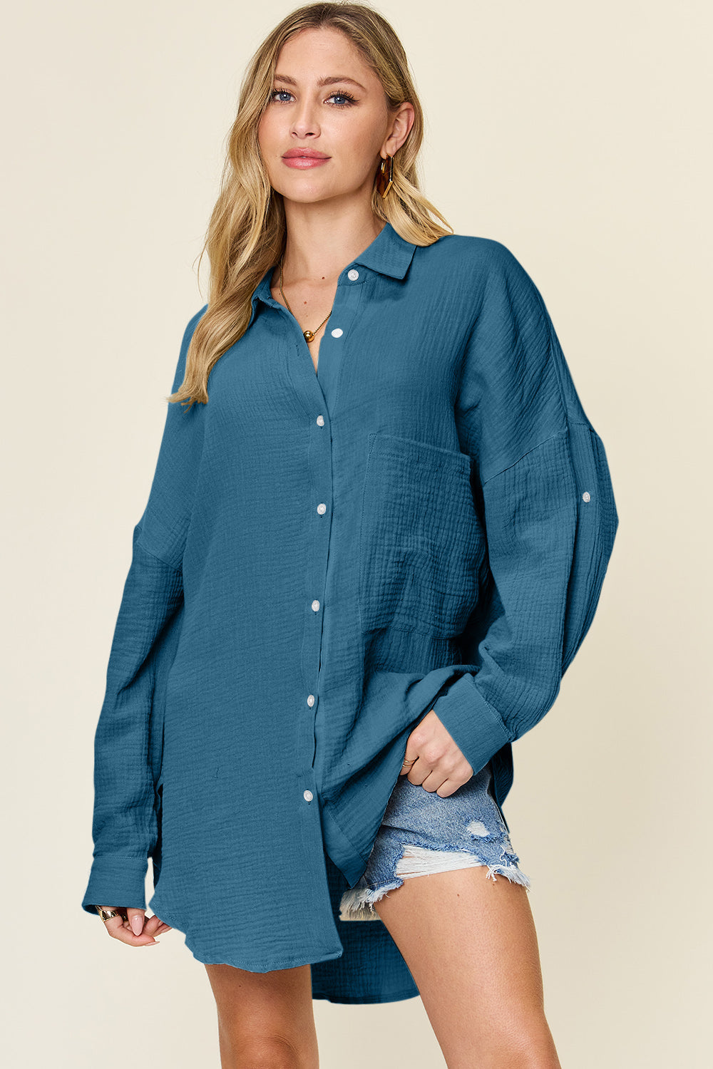 Double Take Full Size Pocketed Texture Button Up Shirt - Concordia Style Boutique