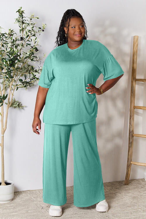 Double Take Full Size Round Neck Slit Top and Pants Set - Concordia Style Boutique