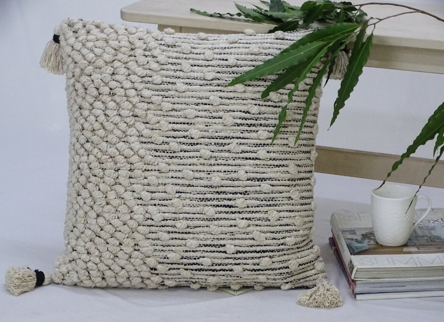 Throw Pillow Cover Beige Woven 20" X 20" with Insert