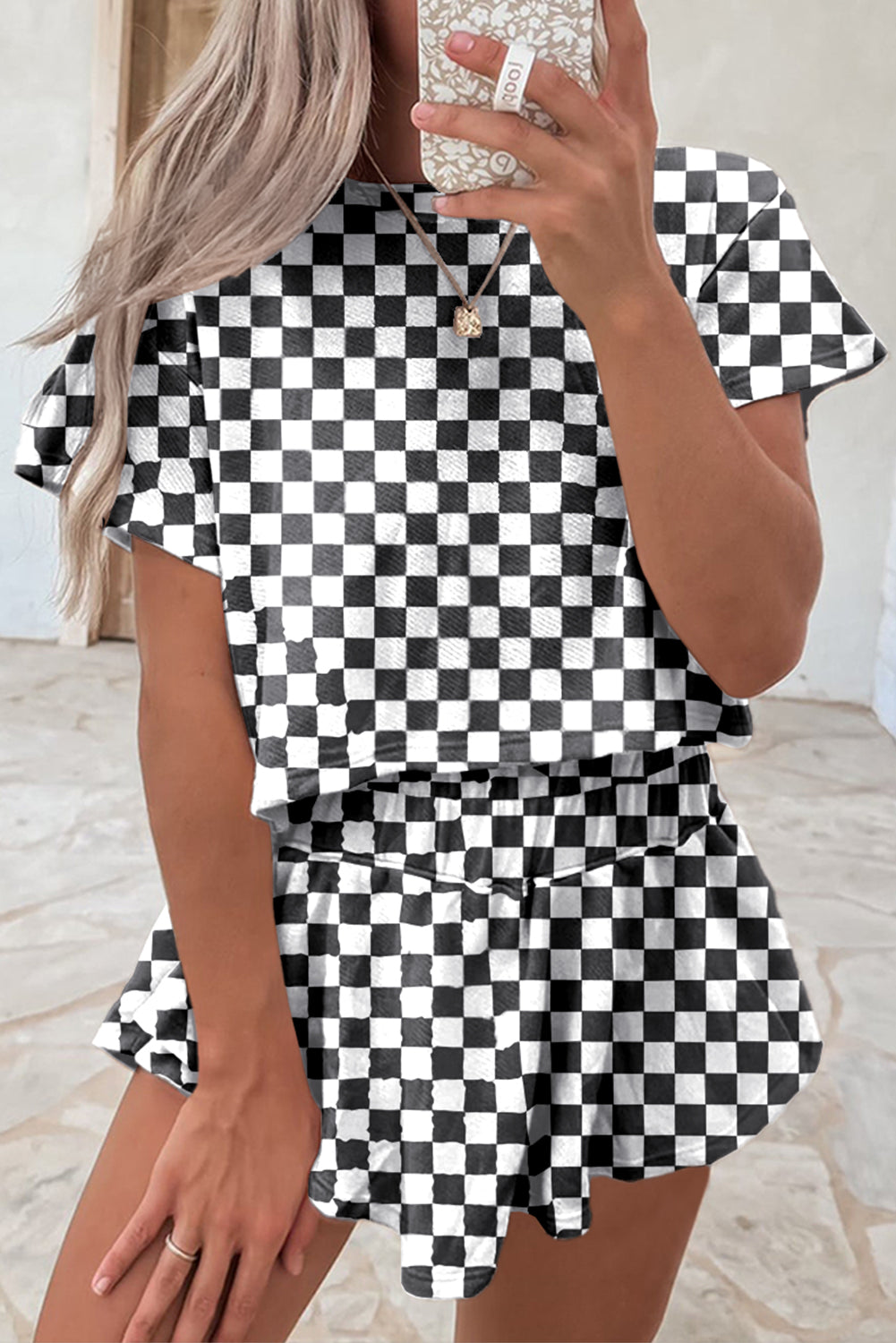 Luxury Checkerboard T Shirt and High Waist Skorts Set - Concordia Style Boutique