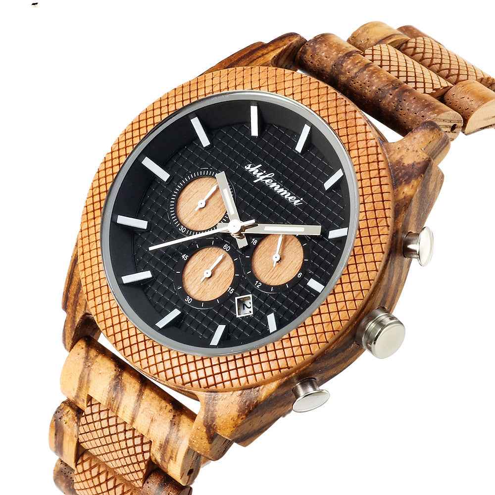 Men's Wood Chronograph Watch - Six Hand Calendar Sports Casual Timepiece