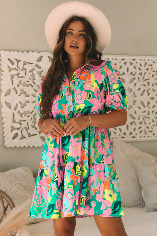 Floral Puff Sleeve Collar Buttoned Babydoll Dress - Concordia Style Boutique
