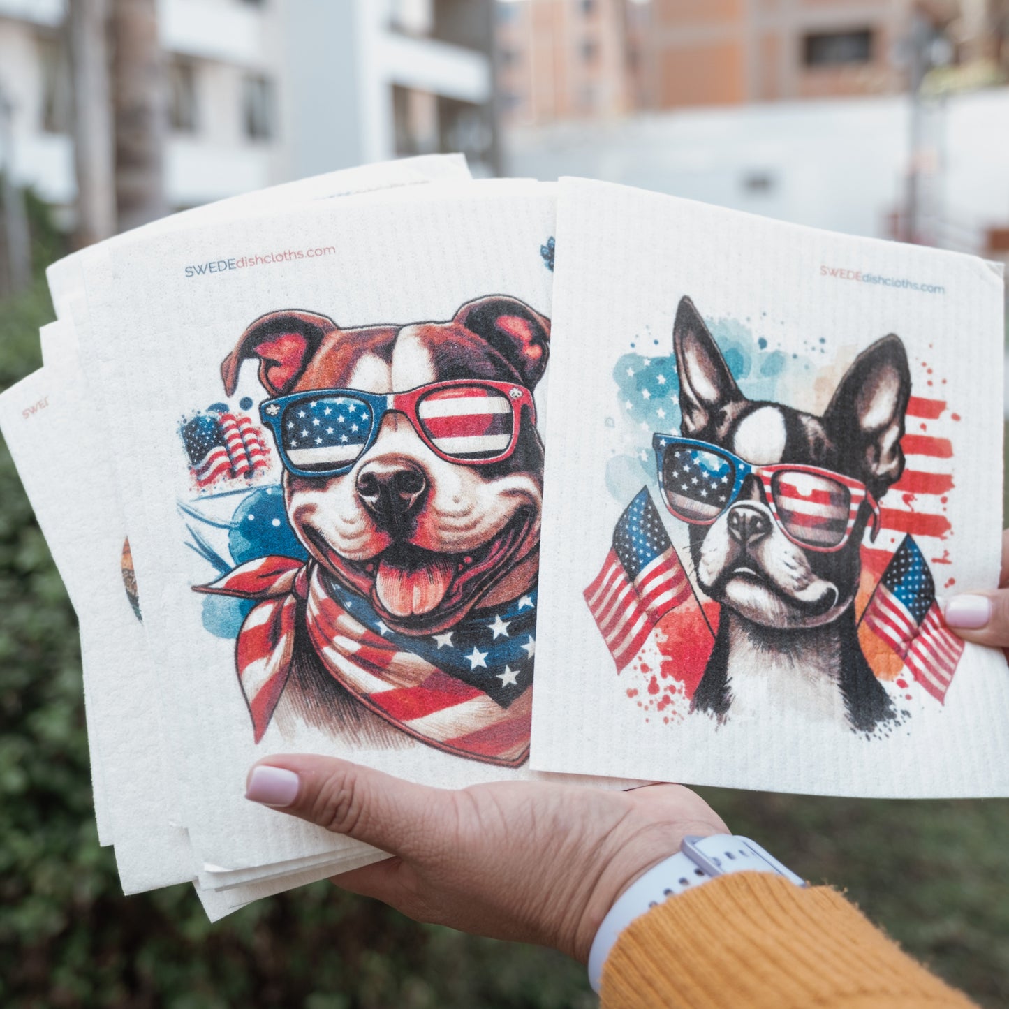 Eco-Friendly Swedish Dishcloths - Patriotic French Bulldog Set of 3 (Paper Towel Replacements) - Concordia Style Boutique