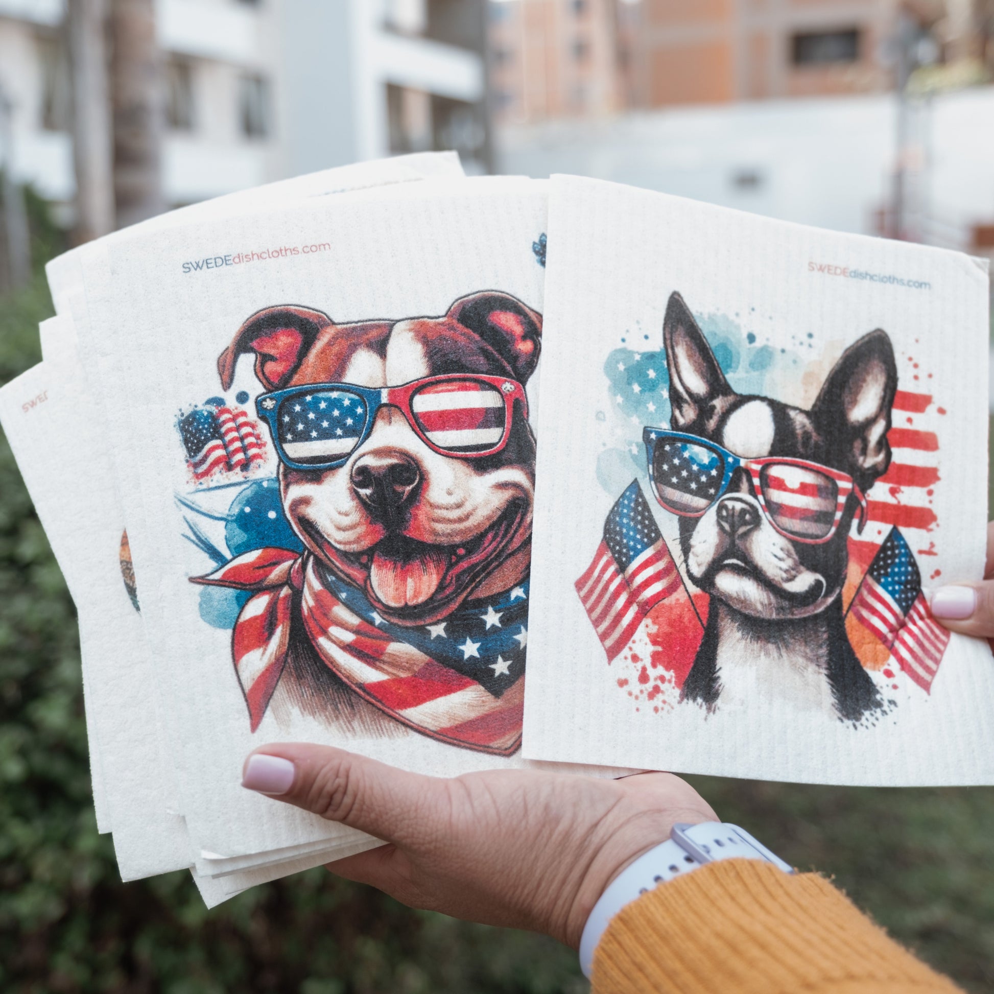 Eco-Friendly Swedish Dishcloths - Patriotic French Bulldog Set of 3 (Paper Towel Replacements) - Concordia Style Boutique