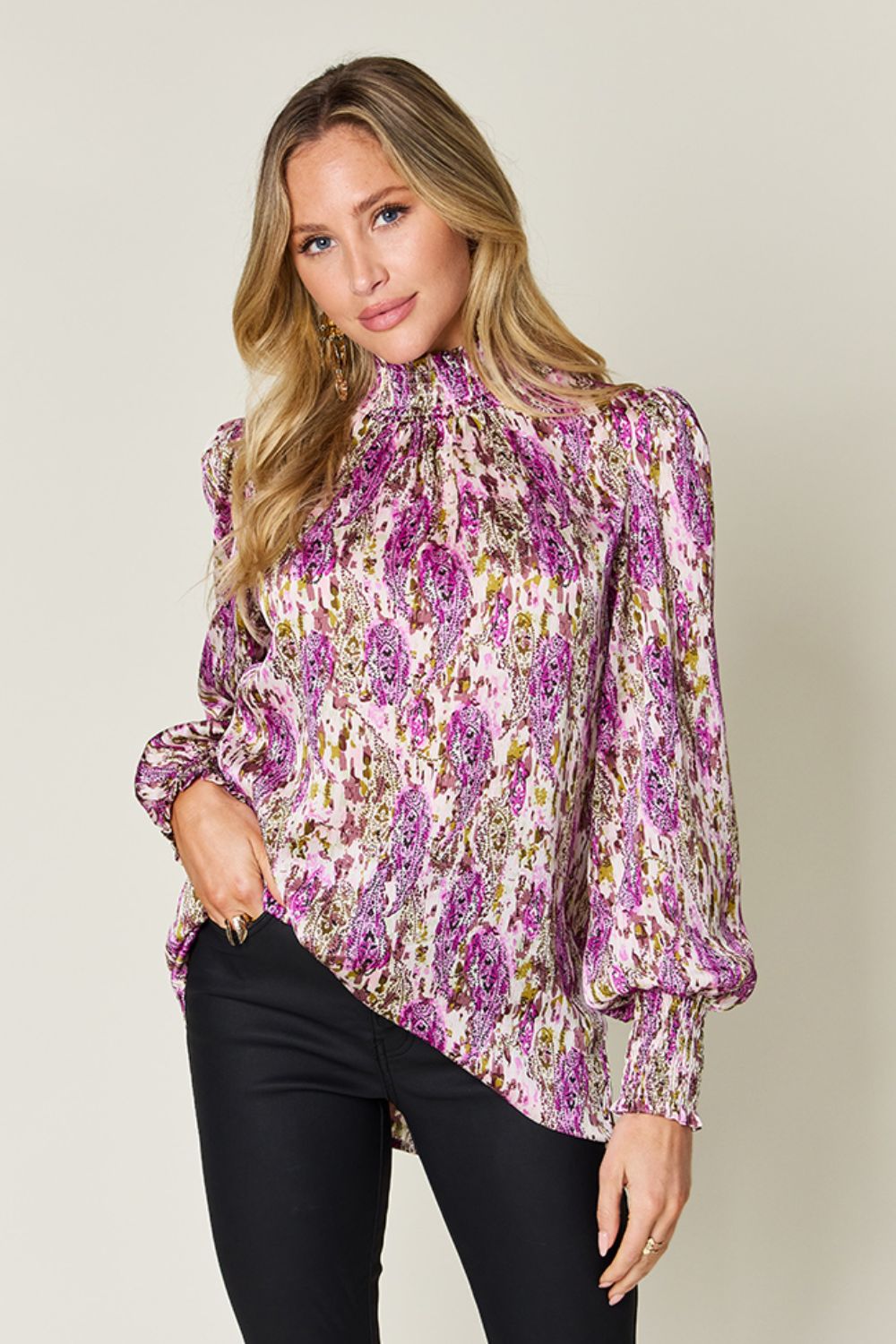 Double Take Full Size Printed Smocked Long Sleeve Blouse - Concordia Style Boutique