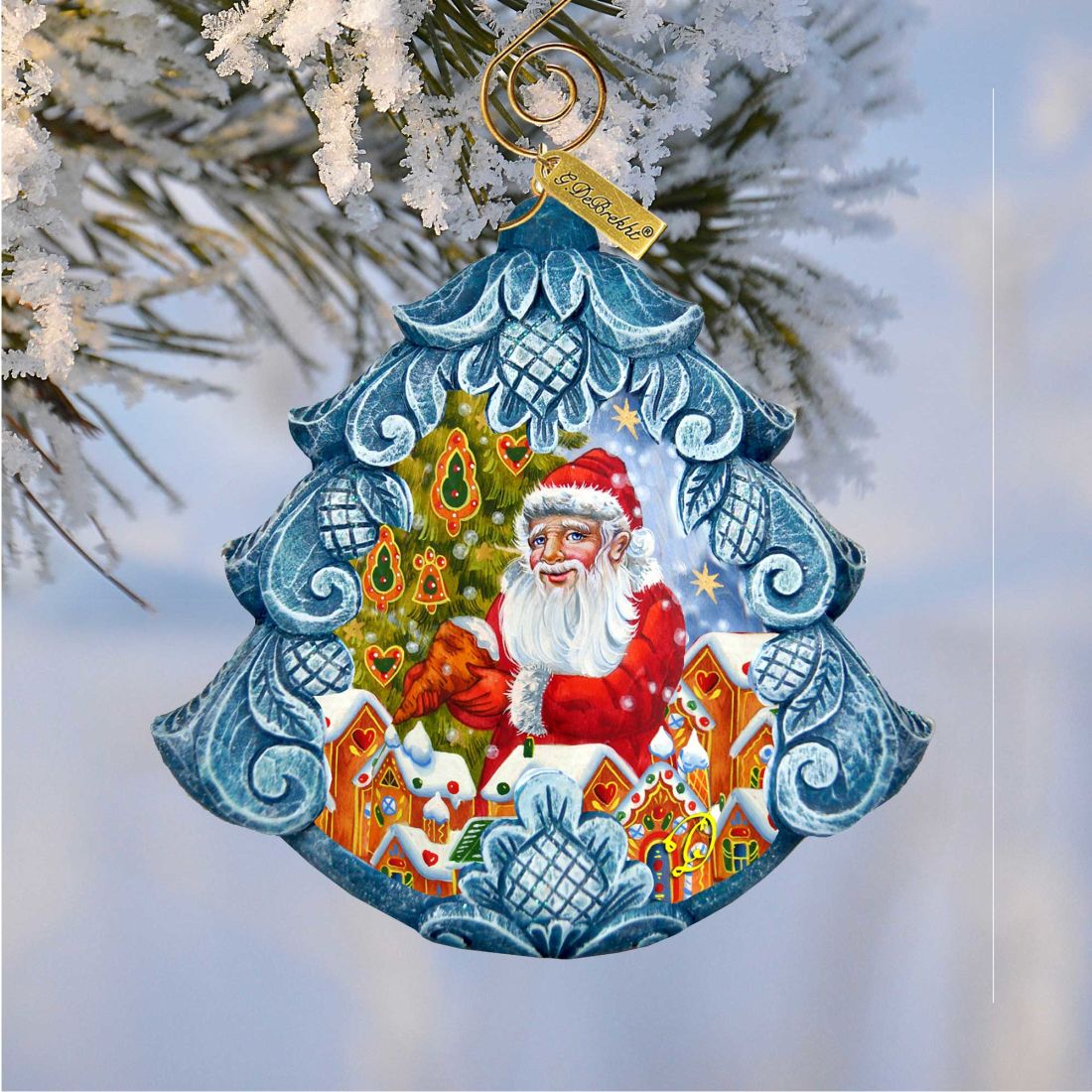 Santa Frosting the Gingerbread Tree Sculpted Hand-Painted Christmas Ornament by G. DeBrekht - Christmas Santa Snowman Decor - 610278