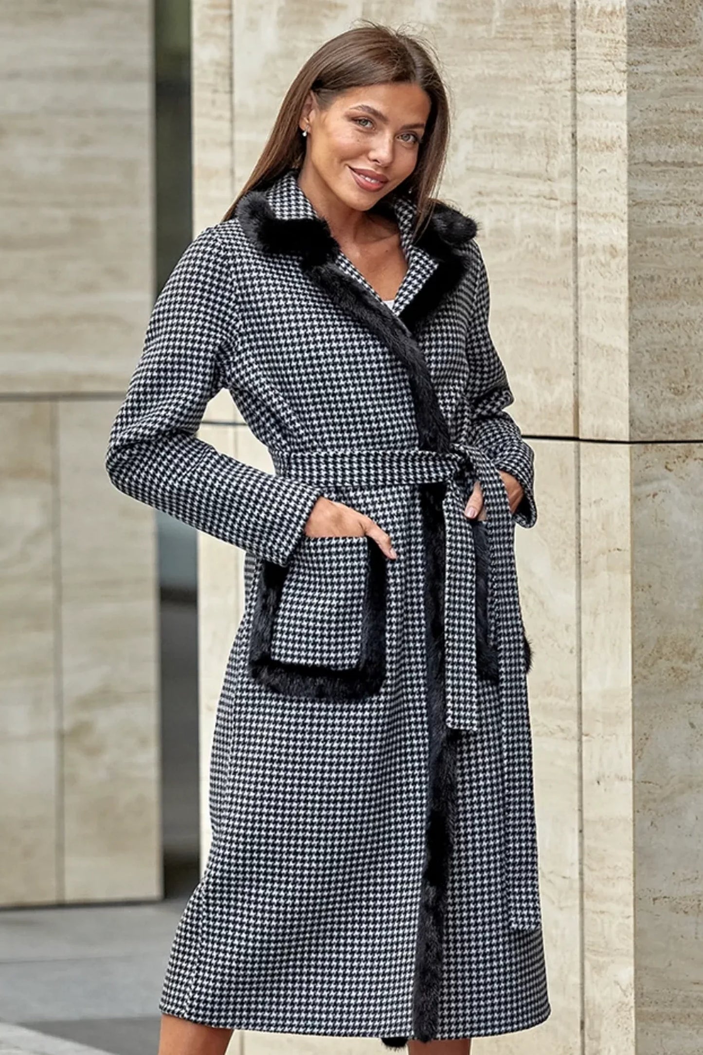 Genuine Scandinavian Mink Fur Trim Wool Coat