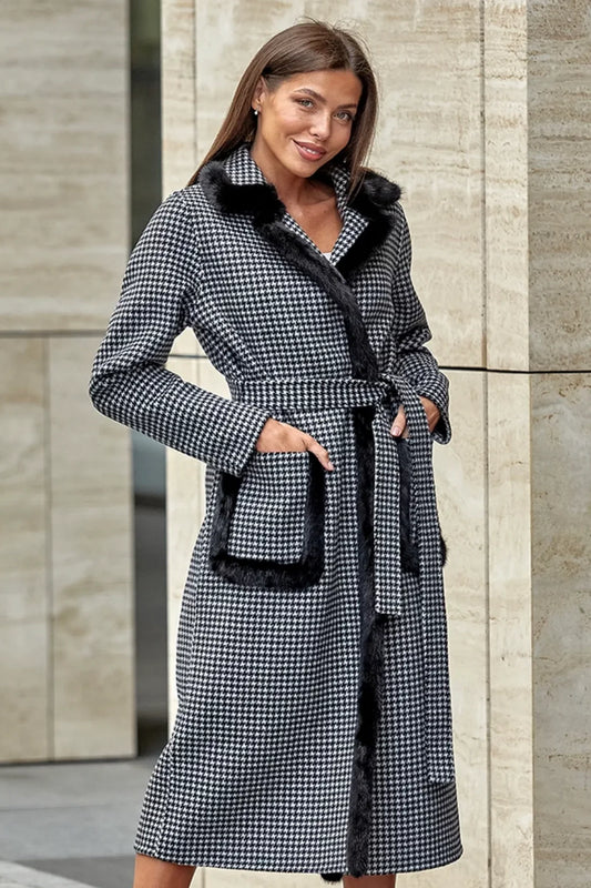 Genuine Scandinavian Mink Fur Trim Wool Coat