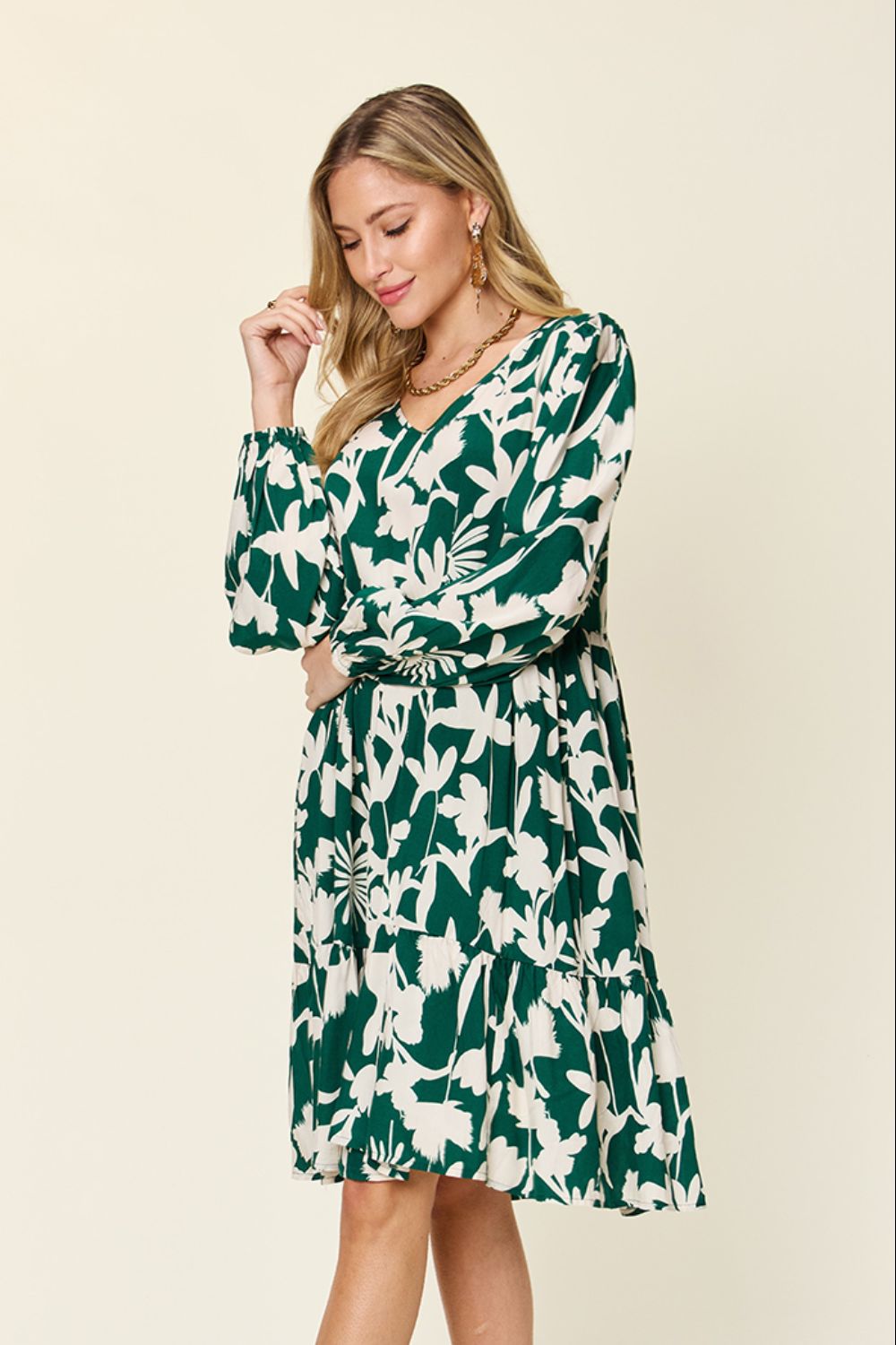 Double Take Full Size Printed Ruffle Hem Long Sleeve Dress - Concordia Style Boutique