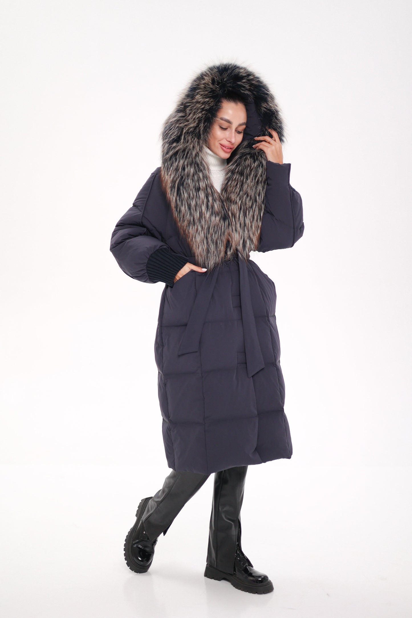 Rei Genuine Fur Trim Hooded Down Coat in Navy