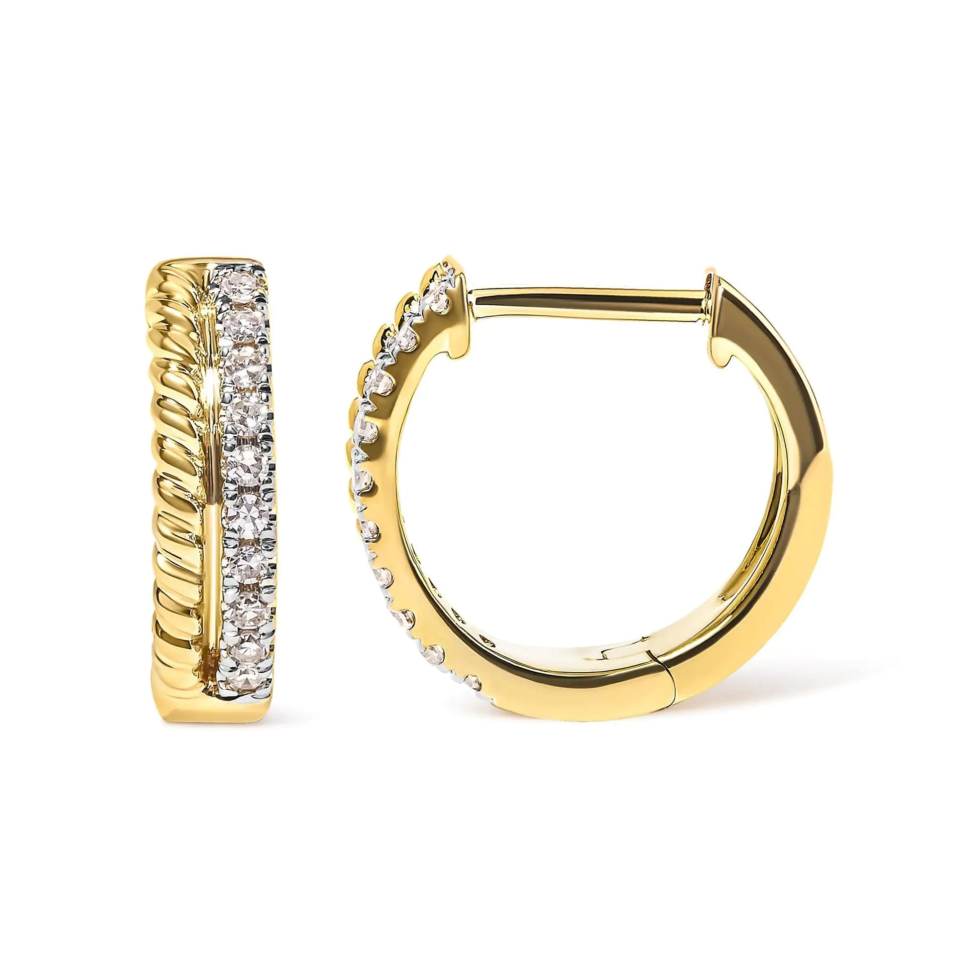 10K Yellow Gold 1/10 Cttw Diamond and Rope Twist Huggy Hoop Earrings (H-I Color, I1-I2 Clarity) - Concordia Style Boutique
