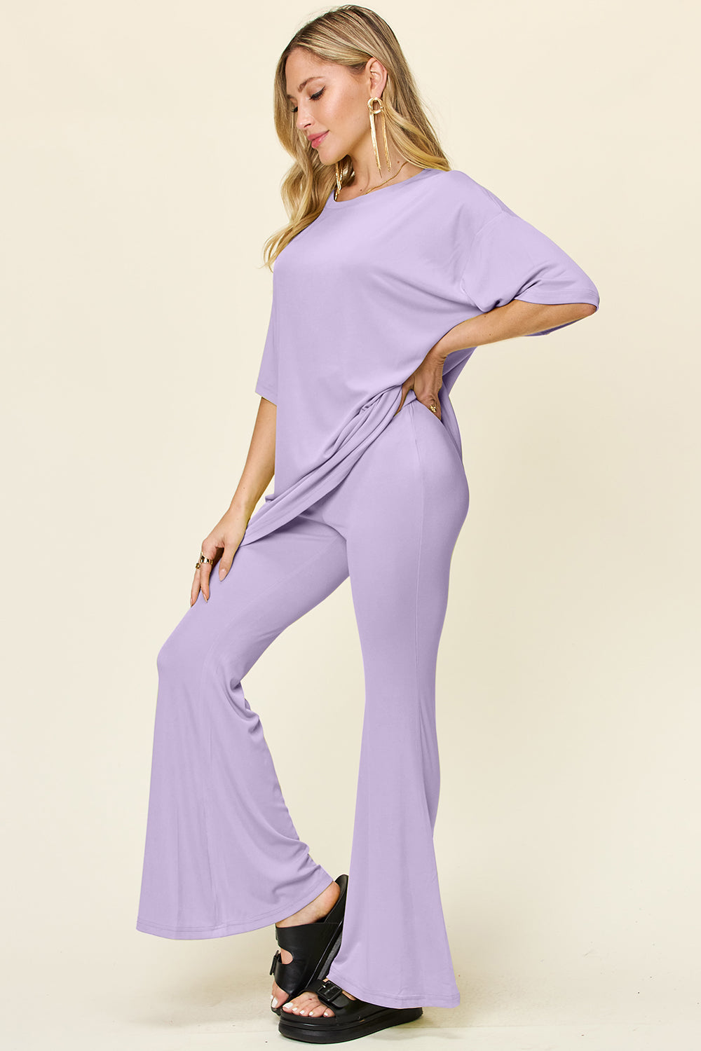Double Take Full Size Round Neck Drop Shoulder T-Shirt and Flare Pants Set - Concordia Style Boutique