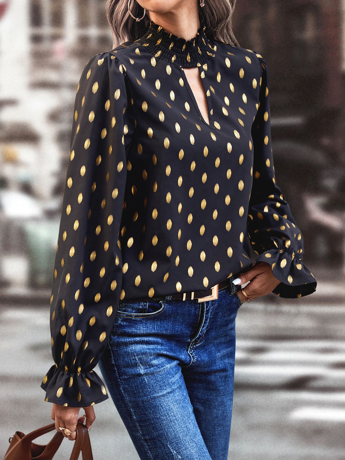 Cutout Printed Mock Neck Flounce Sleeve Blouse - Premium shirt from Concordia Style Boutique - Just $20.76! Shop now at Concordia Style Boutique