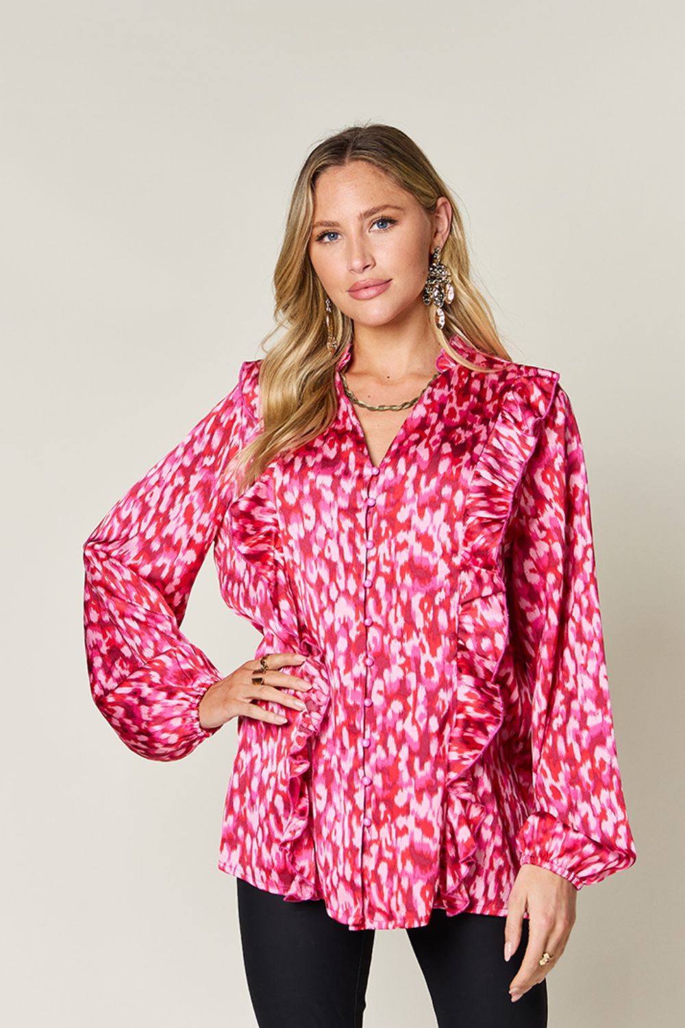 Double Take Full Size Printed Ruffle Trim Balloon Sleeve Shirt - Concordia Style Boutique