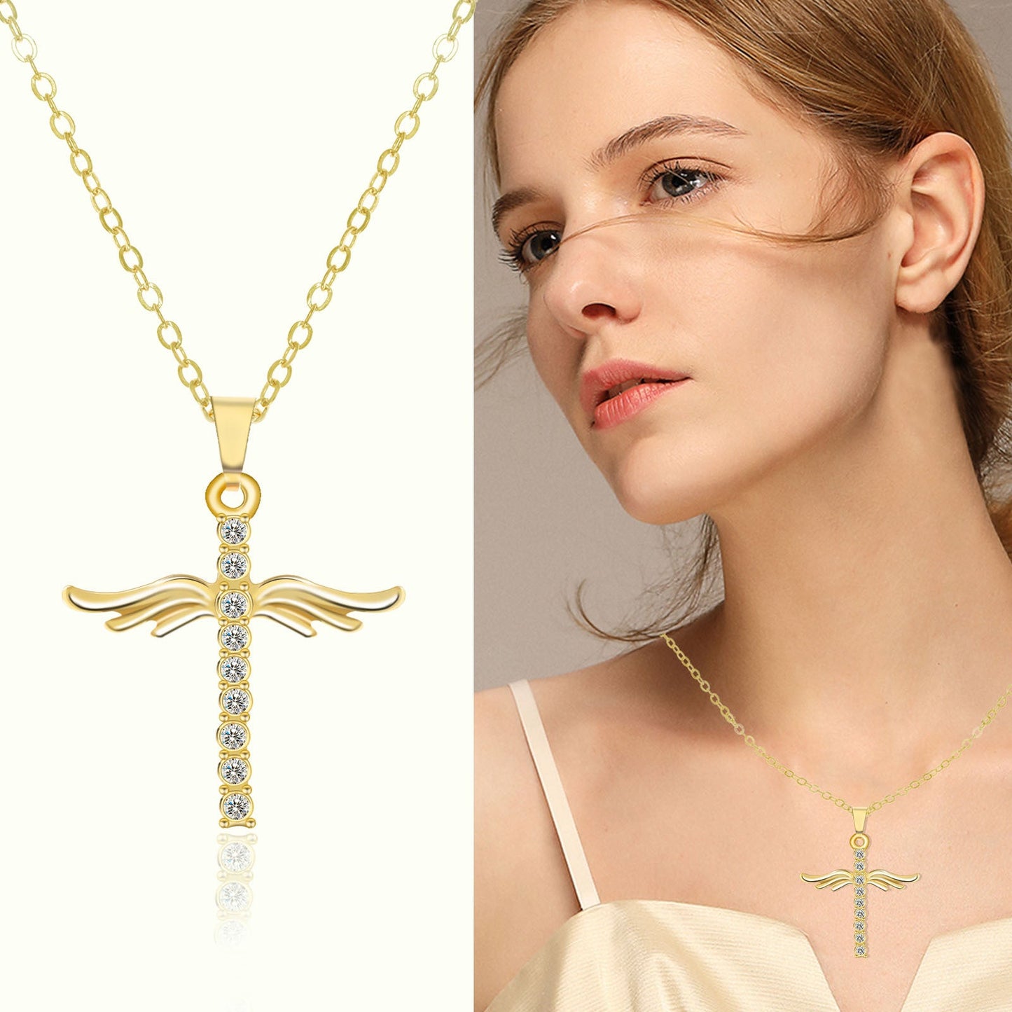 Simple Cross Diamond Angel Wings Pendant - Premium necklace from erDouckan - Just $5.09! Shop now at Concordia Style Boutique