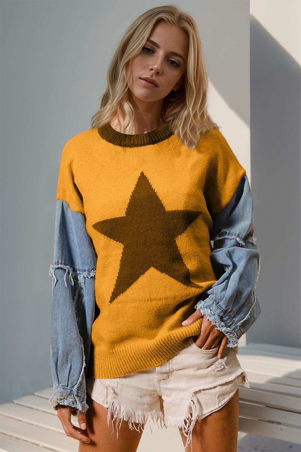 Double Take Full Size Star Pattern Raw Edge Long Sleeve Sweater - Concordia Style Boutique