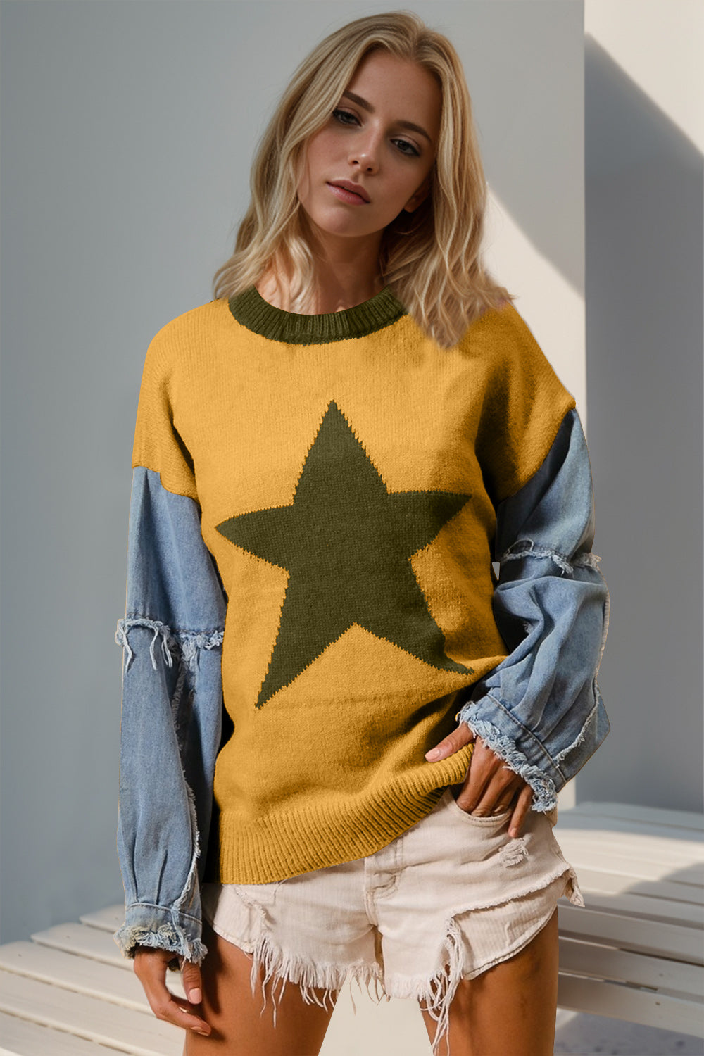Double Take Full Size Star Pattern Raw Edge Long Sleeve Sweater - Concordia Style Boutique