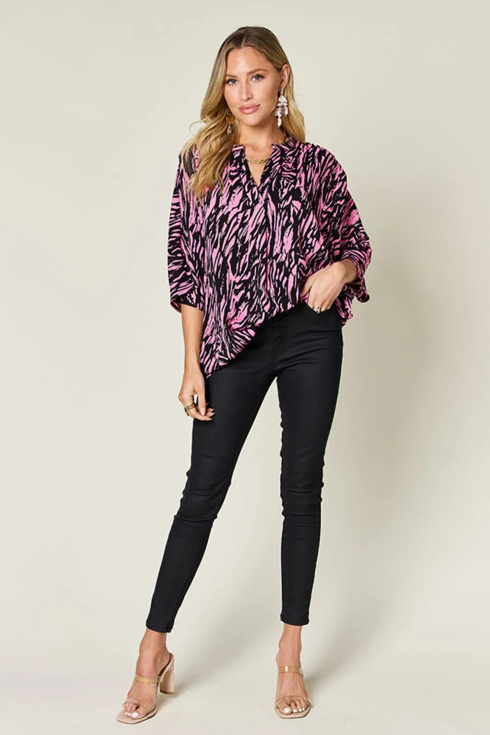 Double Take Full Size Printed Notched Three-Quarter Sleeve Blouse - Concordia Style Boutique