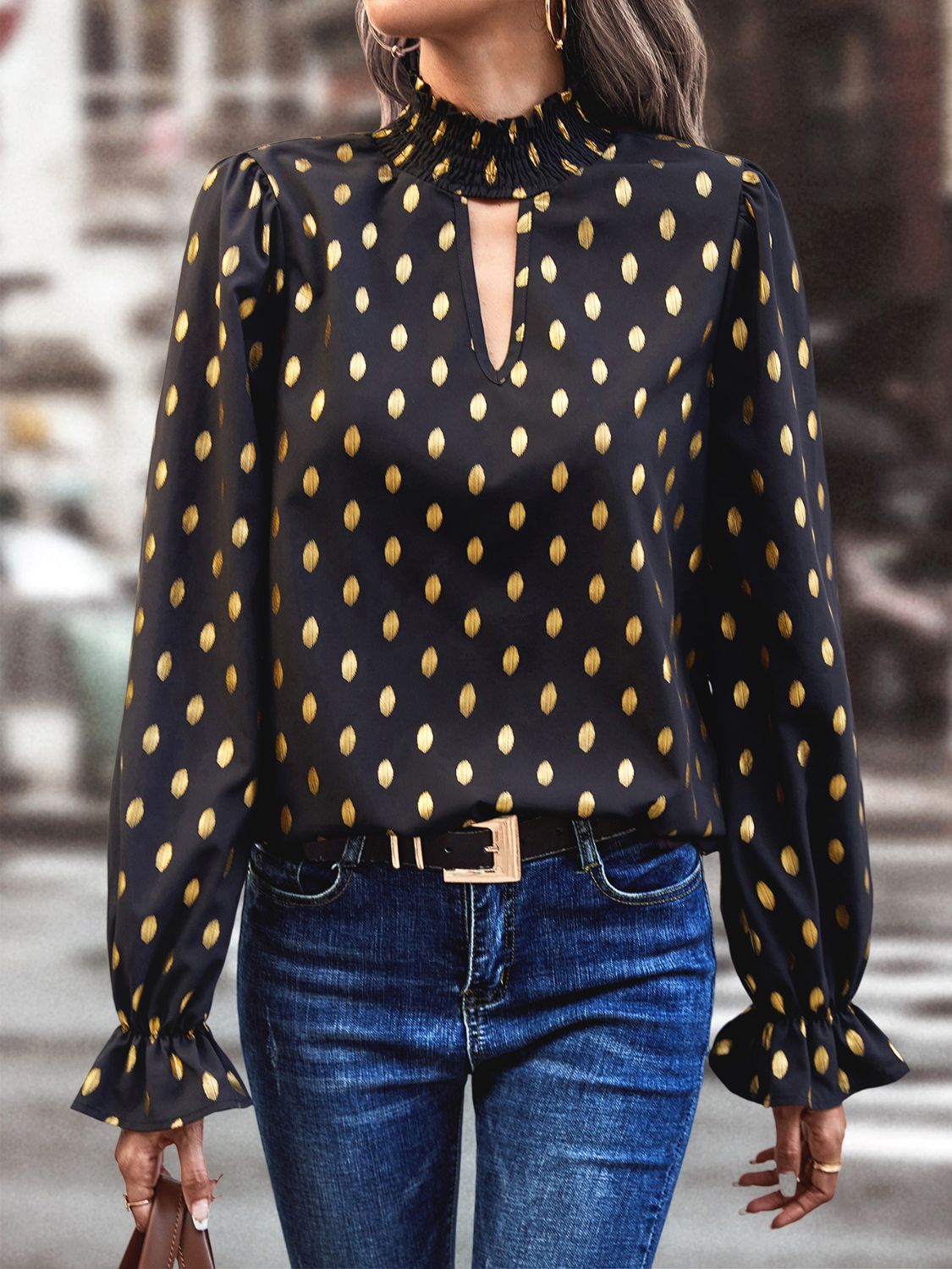 Cutout Printed Mock Neck Flounce Sleeve Blouse - Premium shirt from Concordia Style Boutique - Just $20.76! Shop now at Concordia Style Boutique
