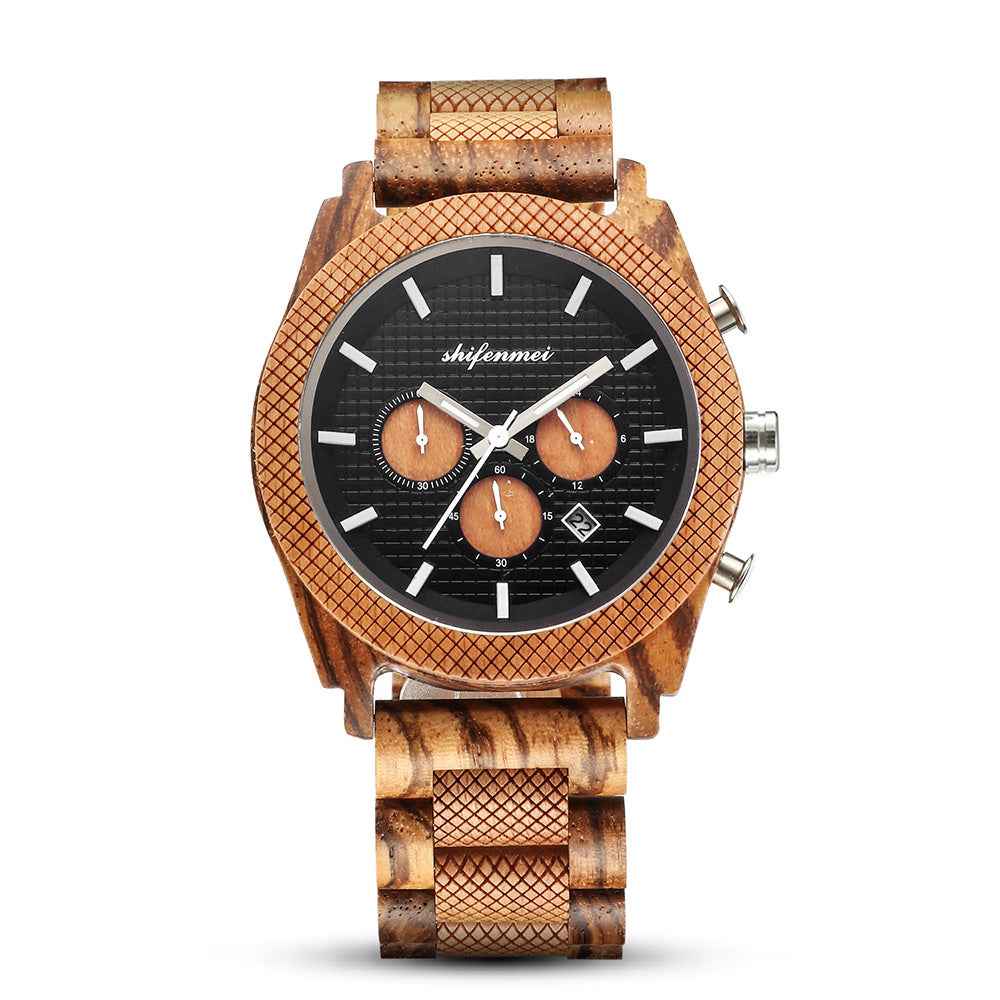 Men's Wood Chronograph Watch - Six Hand Calendar Sports Casual Timepiece