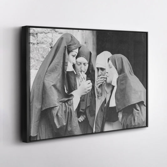 Smoking Nuns Canvas Wall Art - Funny Religious Wall Decor Print