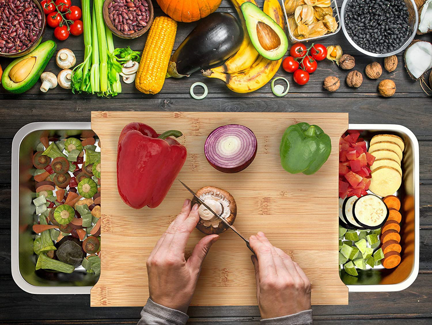 Bamboo Cutting Board with 2 Organizing Stainless Steel Trays - Concordia Style Boutique