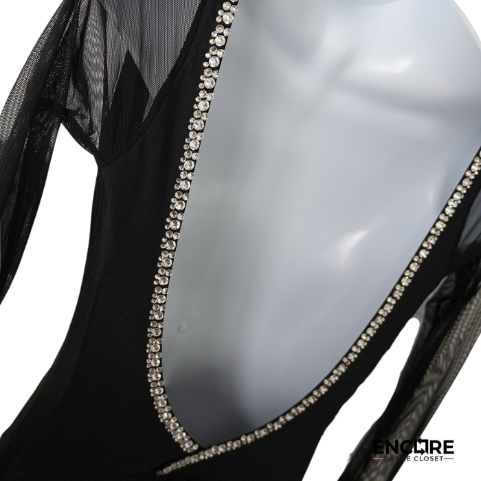 Black Mesh & Rhinestone Long Sleeve Costume