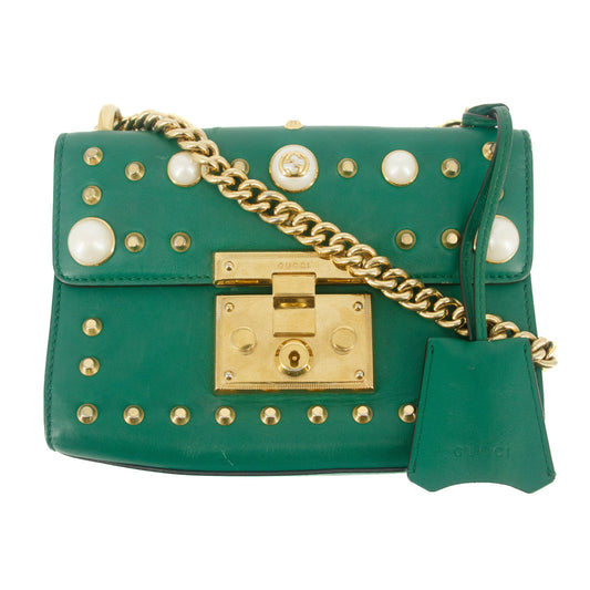 Gucci Small Pearl Studded Padlock Crossbody Bag Green #9219