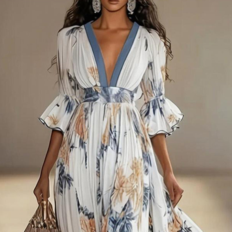 Women's Floral Print Maxi Dress With Deep V-Neck & Flare Sleeves