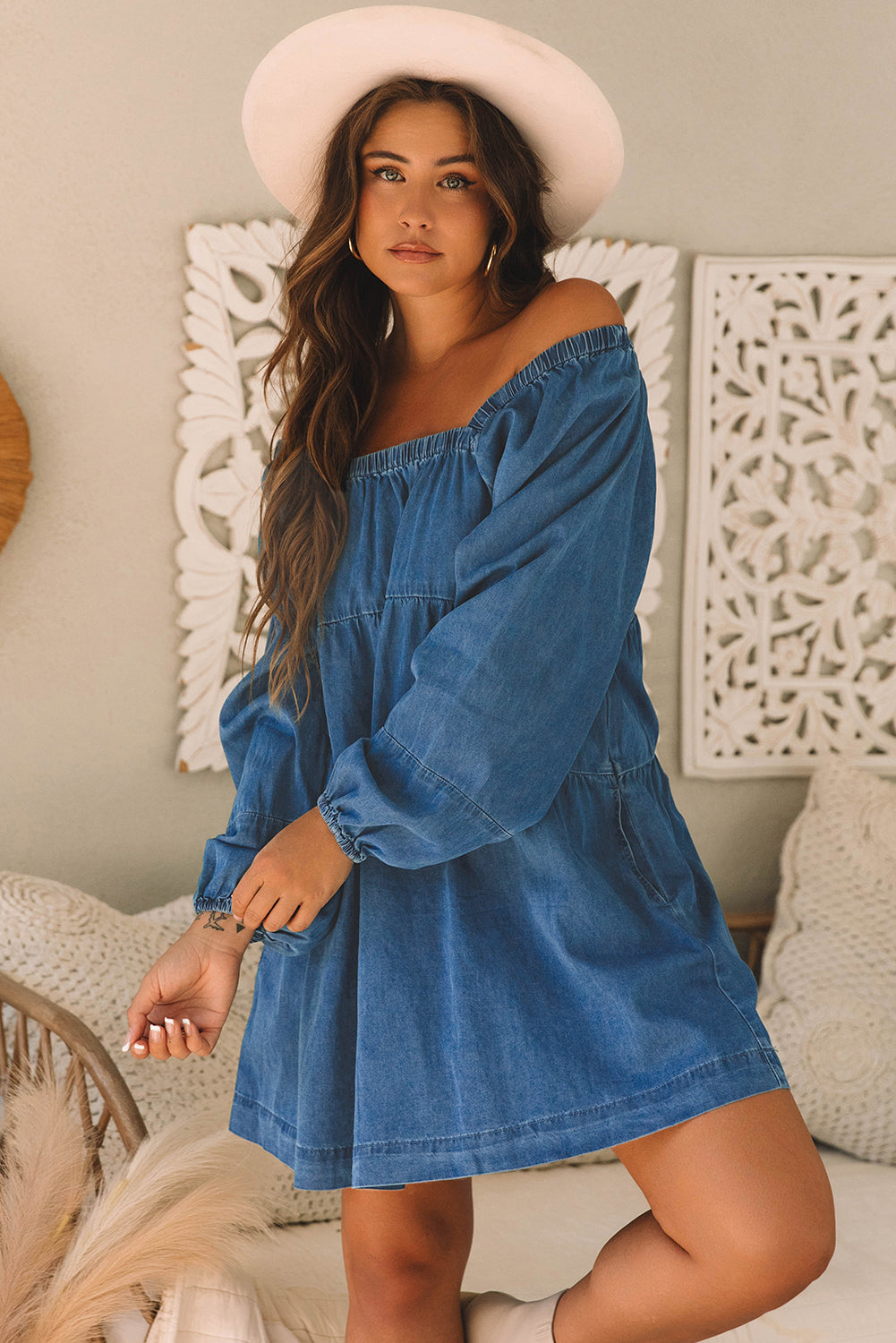 Adalyn Square Neck Side Pockets Loose Fit Denim Dress - Concordia Style Boutique