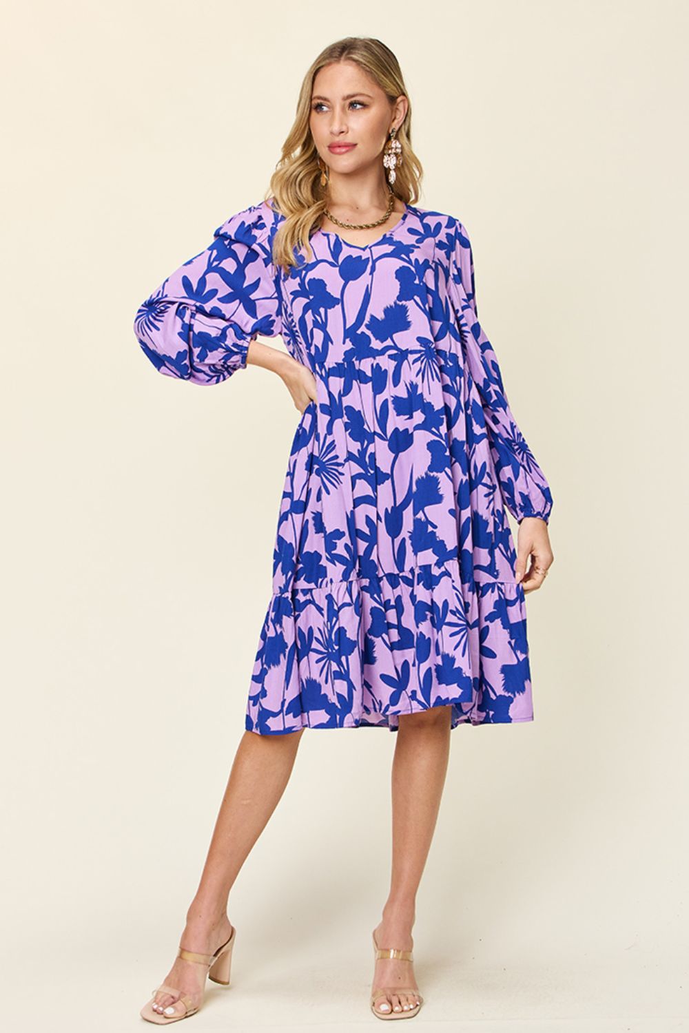 Double Take Full Size Printed Ruffle Hem Long Sleeve Dress - Concordia Style Boutique